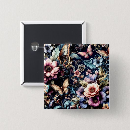 Antike Frühlingsblumen und Schmetterlinge Button (Vorne & Hinten)