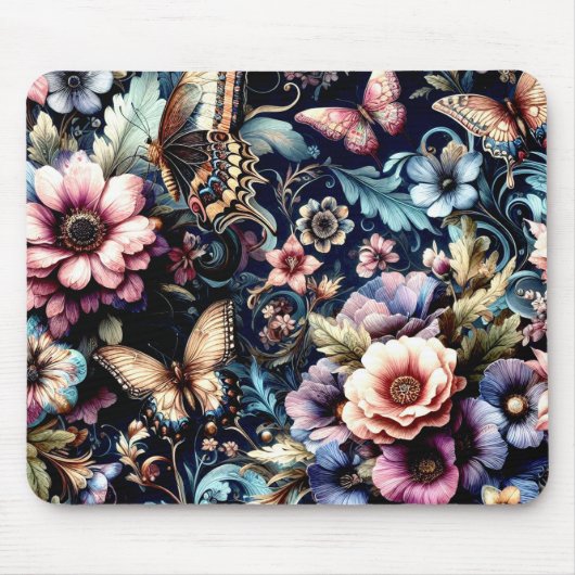 Antike Frühlingsblumen und Schmetterlinge Mousepad (Vorne)