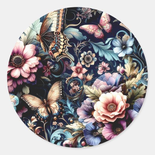 Antike Frühlingsblumen und Schmetterlinge Runder Aufkleber (Vorderseite)