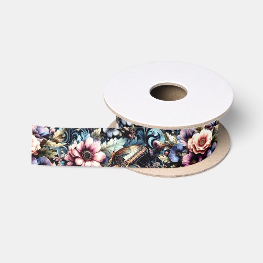 Antike Frühlingsblumen und Schmetterlinge Satinband (Spule)
