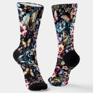 Antike Frühlingsblumen und Schmetterlinge Socken