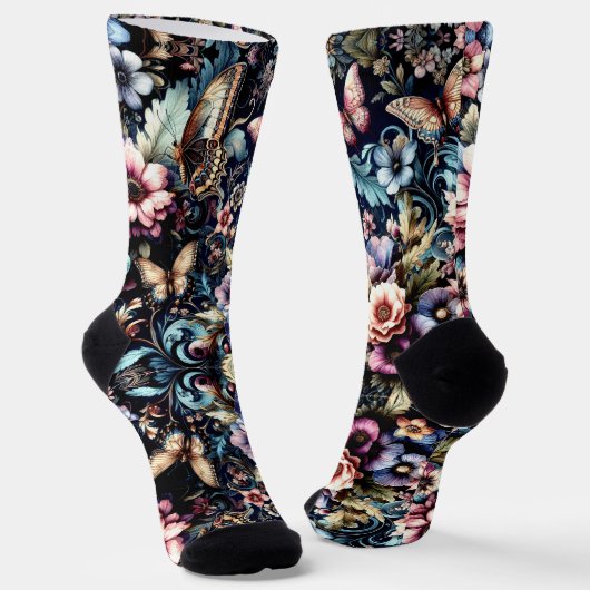 Antike Frühlingsblumen und Schmetterlinge Socken (Gewinkelt)