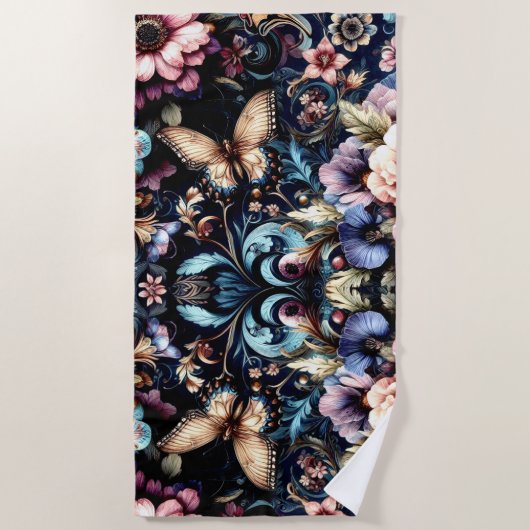 Antike Frühlingsblumen und Schmetterlinge Strandtuch (Vorderseite)