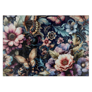 Antike Frühlingsblumen und Schmetterlingsglas Schneidebrett