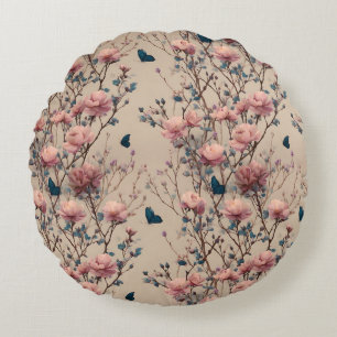 Antike Frühlingsrosen mit blauen Schmetterlingen Rundes Kissen