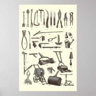 Antike Gartengeräte aus altem Wörterbuch Poster