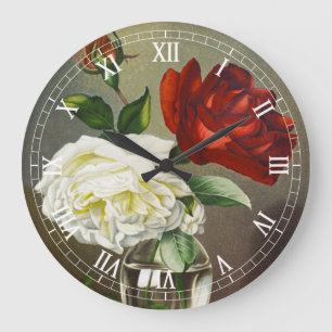 Antike Gartenrosen in einer Glasvase Große Wanduhr