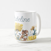 Antike gelbe Blumenrand-Kaffeetasse oder Teetasse (VorderseiteRechts)