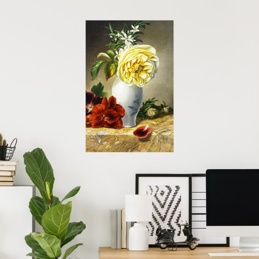 Antike gelbe Rose rote Stiefmütterchen Blumenvase Poster (Heimbüro)