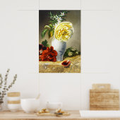 Antike gelbe Rose rote Stiefmütterchen Blumenvase Poster (Küche)