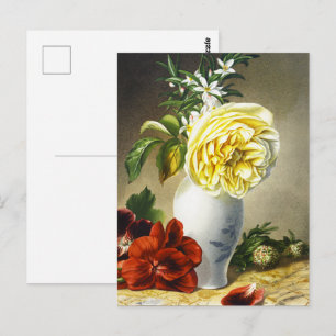 Antike gelbe Rose rote Stiefmütterchen Blumenvase  Postkarte