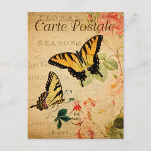Antike gelbe Schmetterlinge Blumen floral französi Postkarte