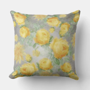 Antike gelbe und graue Floral-Aquarellmalerei Kissen