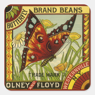 Antike Gemüsetiketten-Kunst, Butterfly-Marke Bohne Quadratischer Aufkleber