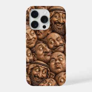 Antike geschnitzte Holzgesichter abstraktes Muster iPhone 15 Pro Hülle