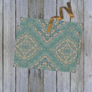 Antike gestörte Damaske Boho Aquamarin und beige Seidenpapier