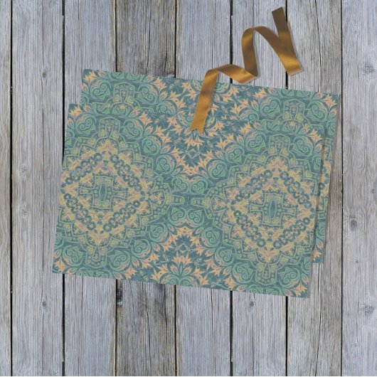 Antike gestörte Damaske Boho Aquamarin und beige Seidenpapier