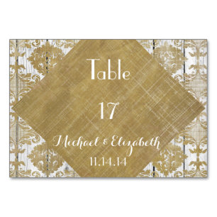 Antike Gold-Damask und Weiße Holz Hochzeit Tischnummer