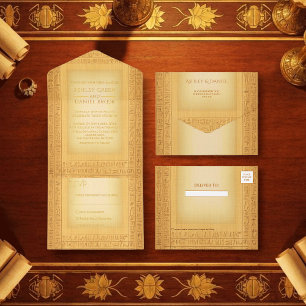 Antike goldene hieroglyphische Motiv-Hochzeitsfoli All-in-One-Einladung