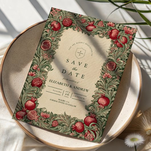 Antike Granatapfel-Gartenhochzeit Save The Date