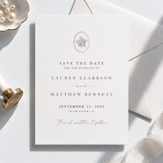 Antike gravierte Eichen-Botanik-Hochzeit Save The Date