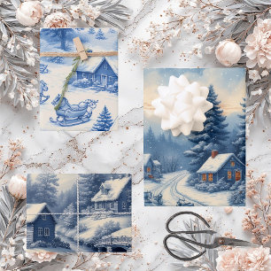 Antike gravierte französische Toile Blau Cottage W Geschenkpapier Set
