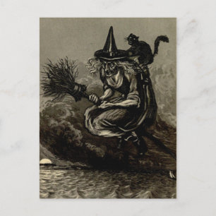 Antike Gravur Hexe auf dem Zimmer Postkarte