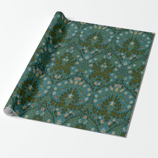 Antike Grün Blau William Morris Herbstblumen Geschenkpapier (Ungerollt)