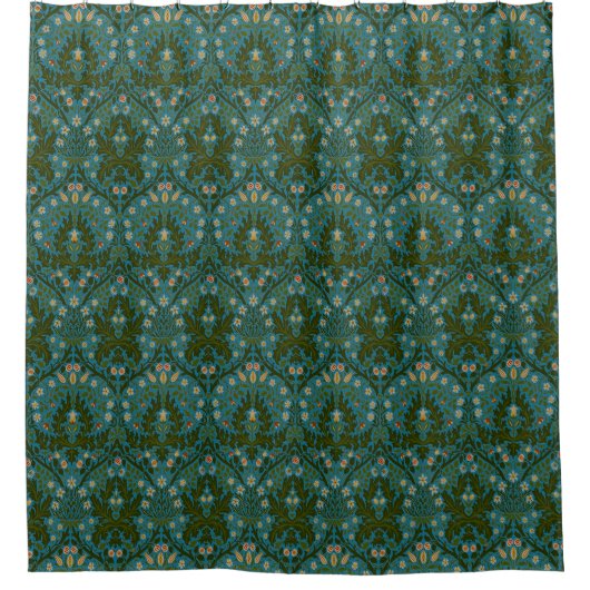 Antike Grün Blaue William Morris Herbstblumen Duschvorhang (Vorderseite)
