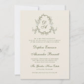 Antike grüne monogrammierte florale Hochzeit Einladung (Vorderseite)