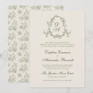 Antike grüne monogrammierte florale Hochzeit Einladung