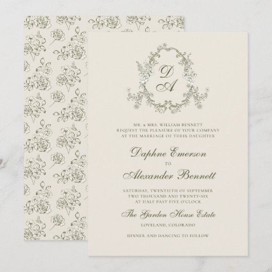 Antike grüne monogrammierte florale Hochzeit Einladung (Vorne/Hinten)