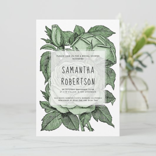 Antike grüne Rose Jahrgang Hochzeit Brautparty Einladung (Stehend Vorderseite)