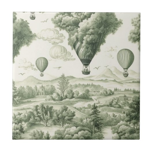 Antike grüne Toile de Jouy Idylle-Muster Fliese (Vorderseite)
