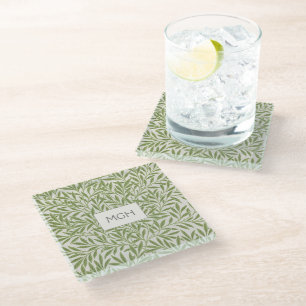 Antike grüne Weidenblätter Monogramm Glas Glasuntersetzer