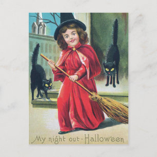 Antike Halloween Hexe schwarze Katzen Postkarte