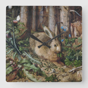 Antike Hasen Wald Natur Dunkle Cottagecore Quadratische Wanduhr