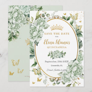 Antike Hellgrüne Florale Schmetterlinge Quinceañer Save The Date