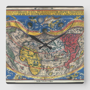 Antike herzförmige Weltkarte von Peter Apian 1520 Quadratische Wanduhr