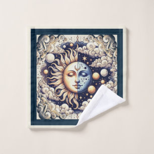 Antike Himmlische Halb Sonne & Mond Blau Gelb Badhandtuch Set