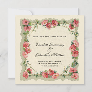 Antike Hochzeit, Blumenrand rosa Rosen Einladung