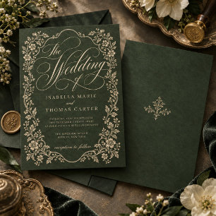 Antike Hochzeit mit Ornamenten in Waldgrün Einladung