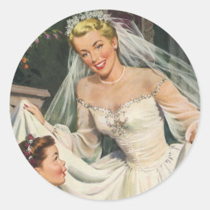 Antike Hochzeit, Retro-Braut mit Blumenmädchen Runder Aufkleber