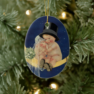 Antike Hochzeit, süßes Brautpaar auf einem Mond Keramikornament