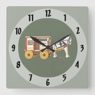 Antike Holz Milchwagen mit Pferdebespannung Quadratische Wanduhr