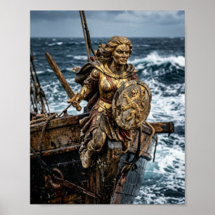 Antike hölzerne Kriegerfigur am Bug eines Segelsch Poster