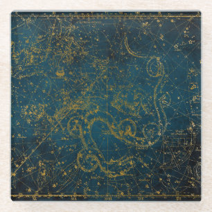 Antike illustrierte dunkelblaue und goldene Sternk Glasuntersetzer