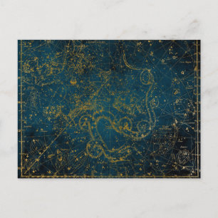 Antike illustrierte dunkelblaue und goldene Sternk Postkarte