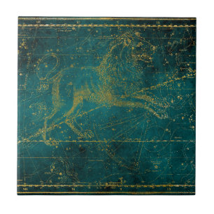 Antike illustrierte grüne und goldene Löwen-Sternk Fliese