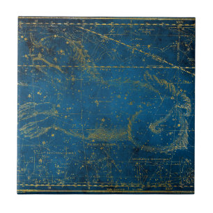 Antike illustrierte mittelblaue und goldene Sternk Fliese